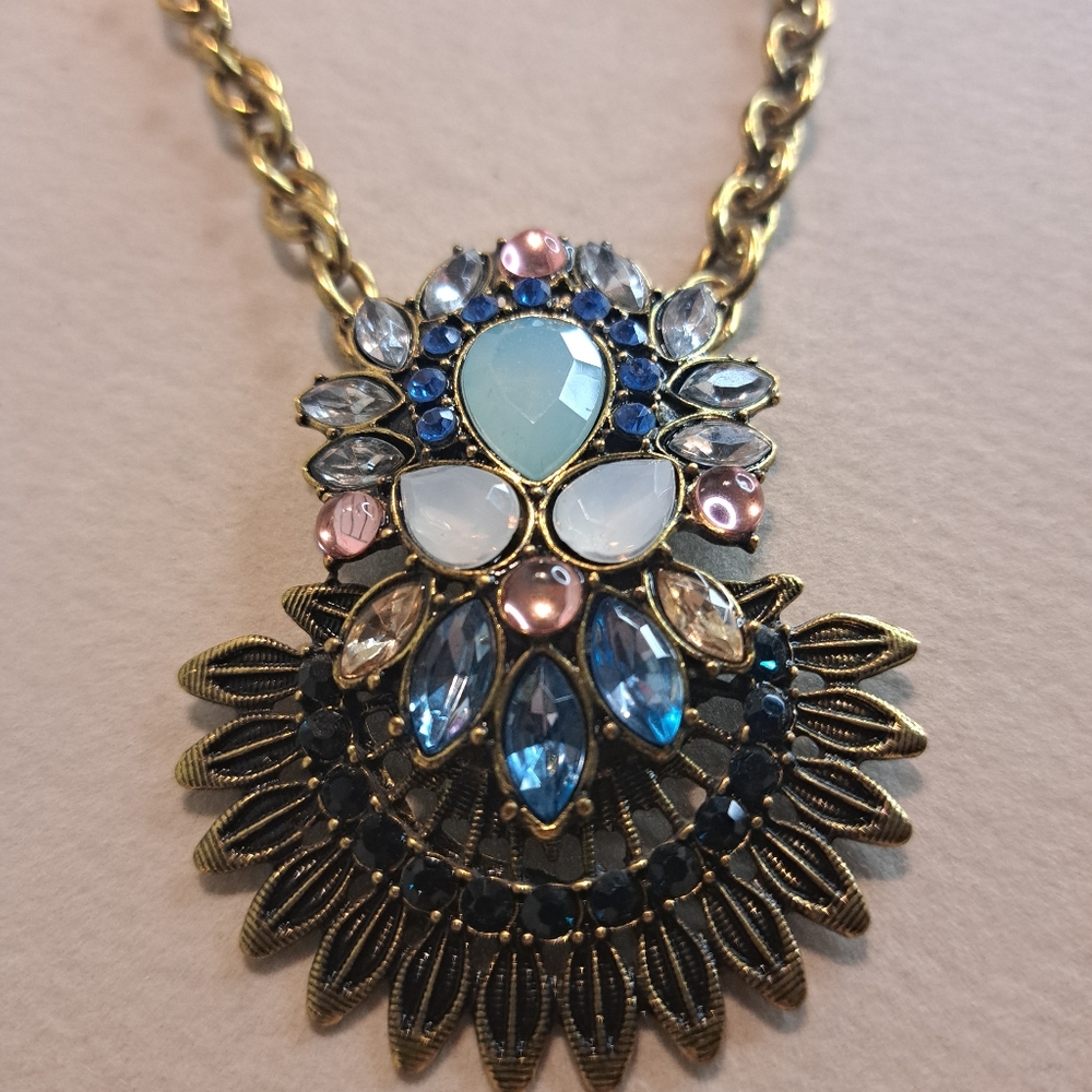 Vintage Bronze Tone Aqua Pink Blue Statement Necklace 28"L